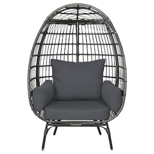 Gray Wicker Stationary Oversized Egg Chair Lounge Chair with Stand and Dark Gray Cushion