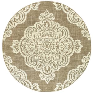 Sienna Tan/Ivory 7 ft. x 7 ft. Round Medallion Indoor/Outdoor Patio Area Rug