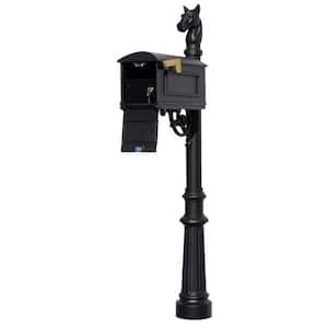 Lewiston Black Post Mount Locking Insert Mailbox with decorative Fluted Base and Horsehead Finial