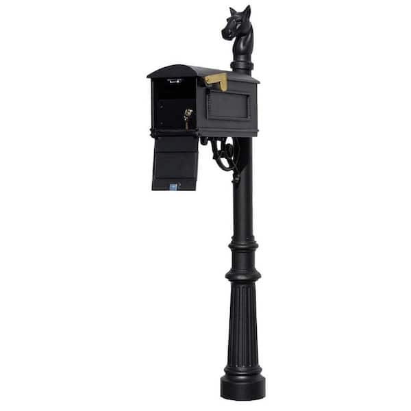Unbranded Lewiston Black Post Mount Locking Insert Mailbox with decorative Fluted Base and Horsehead Finial
