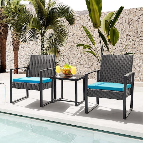 Tozey 3-Piece Black Steel Outdoor Wicker Patio Furniture Sets Outdoor Bistro Set with Blue Cushion
