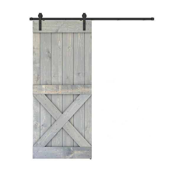 Dessliy 30 in. x 84 in. Fully Set Up Weather Grey Finished Pine Wood Sliding Barn Door with Hardware Kit