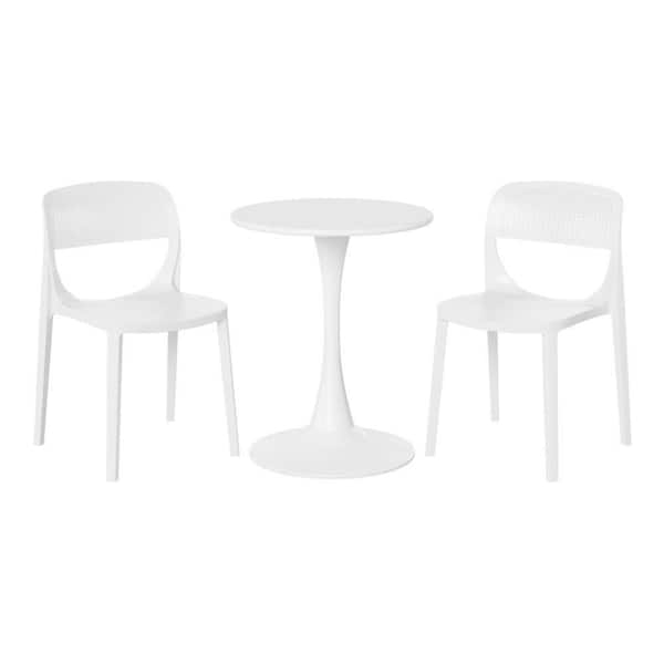 WESTIN OUTDOOR Frond and Form Outdoor Patio Modern 3-Piece Round HDPE Plastic Bistro Dining Set With Stackable Chairs, White