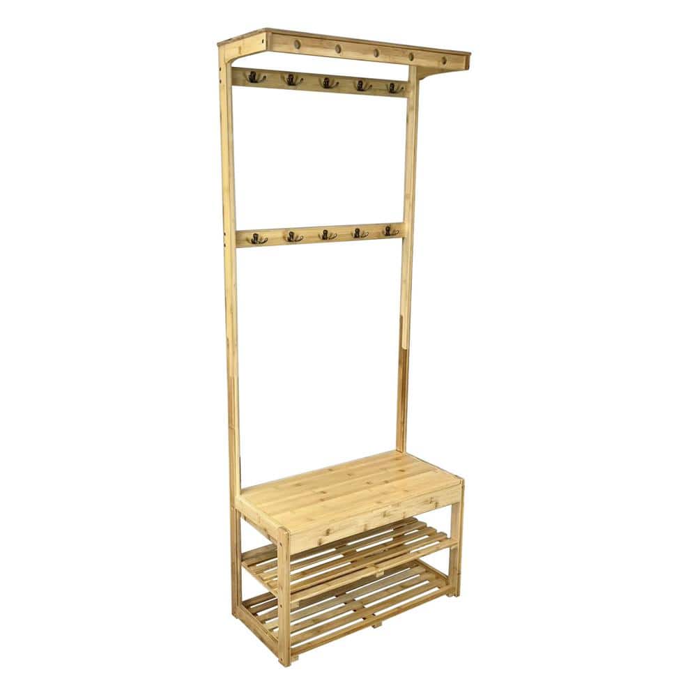 Natural Bamboo Entryway Hall Tree with Storage Bench and Hooks