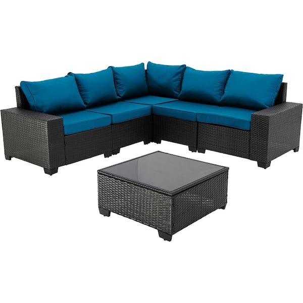 Sudzendf Dark Coffee 6-Piece Wicker Outdoor Patio Conversation Set with Glass Top Table and Peacock Blue Cushions