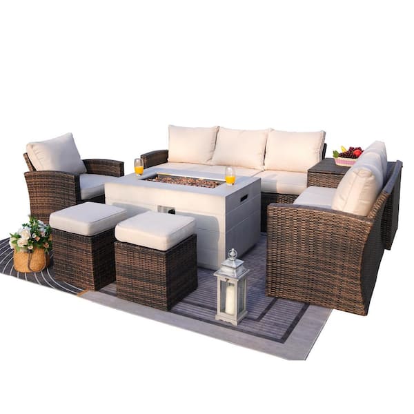 moda furnishings Tilia II 7-Pieces Rock and Fiberglass Fire Pit Table Brown Wicker Sectional Sofa Set with Beige Cushions & a Storage Box