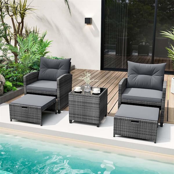 Grey 5-Piece Metal Patio Conversation Set with 2 Ottomans and Tempered Glass Coffee Table and Cushion Grey