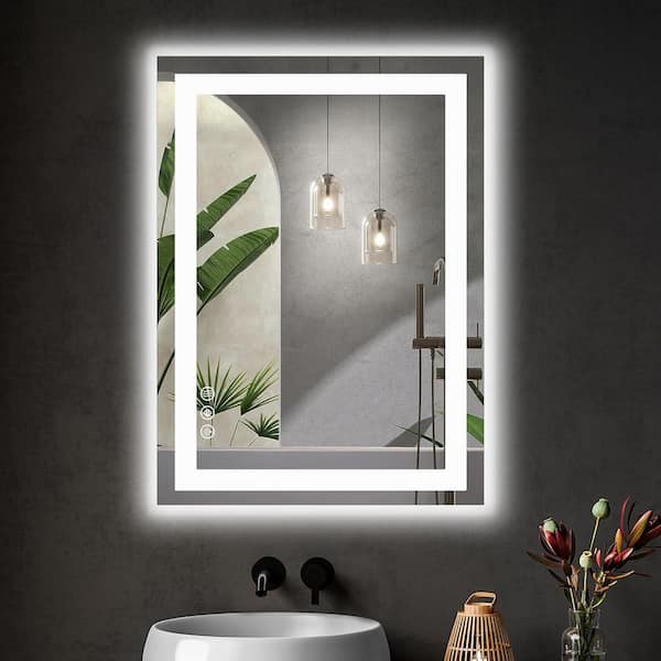 28 in. W x 20 in. H Rectangular Framed Wall Bathroom Vanity Mirror in White with LED Lights