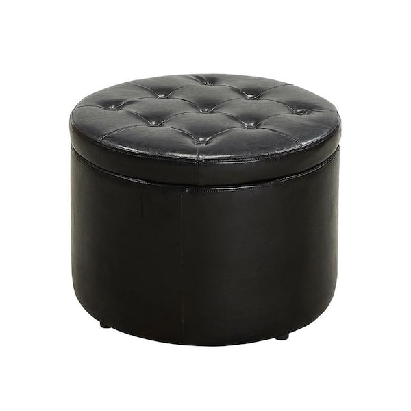 Convenience Concepts Designs4Comfort Black Faux Leather Round Shoe Storage Ottoman