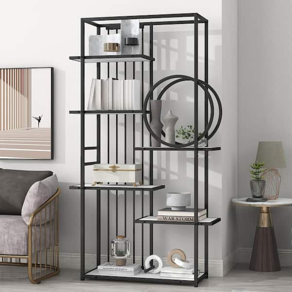 FUNKOL 31.5 in. W x 70.9 in. H 6-Tier Home Office Black Metal Frame Storage Large Bookcase Open Bookshelf, White