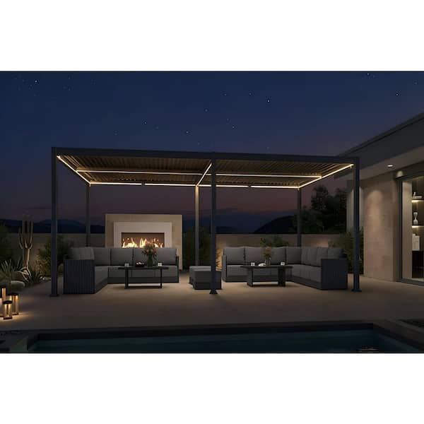 13 ft. x 25 ft. Gray Aluminum Outdoor Louvered Pergola with Individual Adjustable Sunshade Roofs and LED Lights