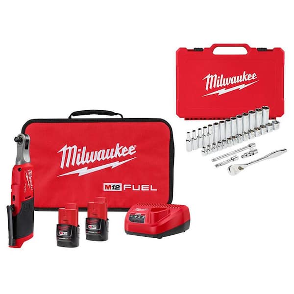 Milwaukee M12 FUEL 12V Lithium-Ion High Speed 3/8 in. Cordless Ratchet Kit w/3/8 in. Ratchet and Socket Mechanics Set (32-Piece)