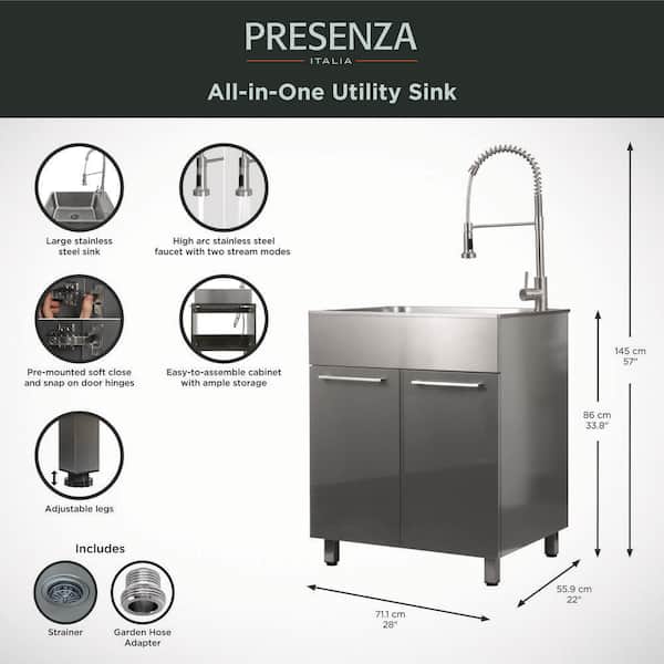 Presenza Brushed Steel Drop-In Utility Tub with Faucet 28x22-Inch
