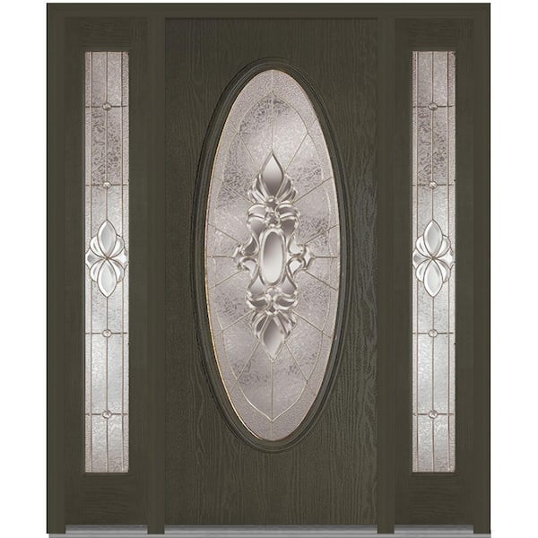 MMI Door 64 in. x 80 in. Heirloom Master Left-Hand Oval Lite Decorative Stained Fiberglass Oak Prehung Front Door with Sidelites
