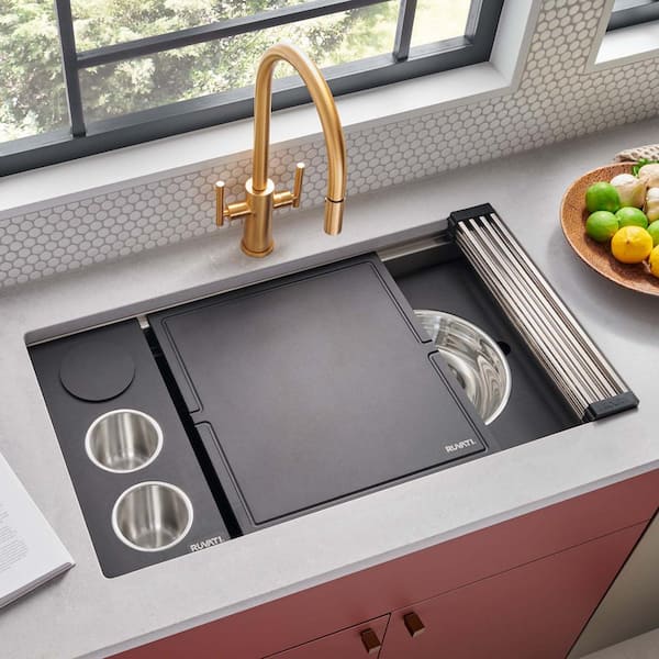 Ruvati LedgeFit 17 in. x 16 in. Rectangular Black Granite Quartz