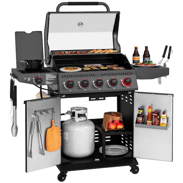 5-Burner BBQ Liquid Propane Gas Grill with Sear Burner and Lidded Side Burner, Outdoor Grilling, , Black