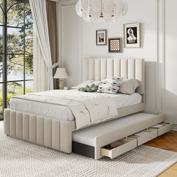 Beige Wood Frame Full Size Upholstered Platform Bed with Trundle and 3 Drawers