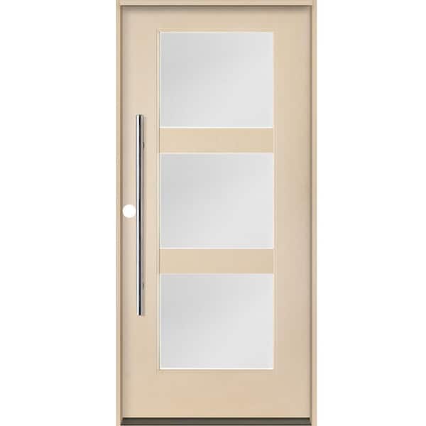 Krosswood Doors Modern Faux Pivot 36 in. x 80 in. 3-Lite Right-Hand/Inswing Satin Etched Glass Unfinished Fiberglass Prehung Front Door