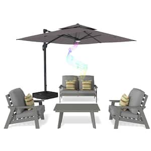 5-Piece Patio Conversation Set HIPS Plastic Lounge Chairs Coffee Table with Patio LED Cantilever Umbrella and Cushions