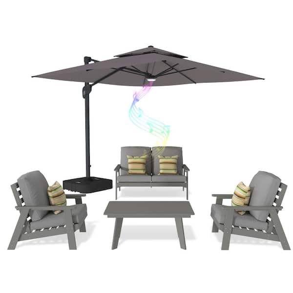 Mondawe 5-Piece Patio Conversation Set HIPS Plastic Lounge Chairs Coffee Table with Patio LED Cantilever Umbrella and Cushions