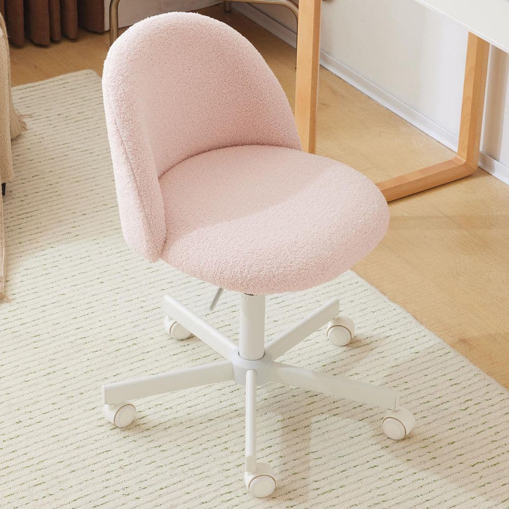 Teddy Fleece Velvet Seat Liftable Swivel Office Chair in Light Pink Armless