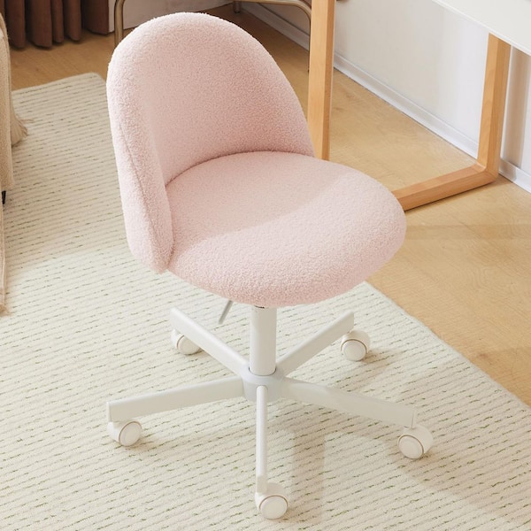 Teddy Fleece Velvet Seat Liftable Swivel Office Chair in Light Pink Armless