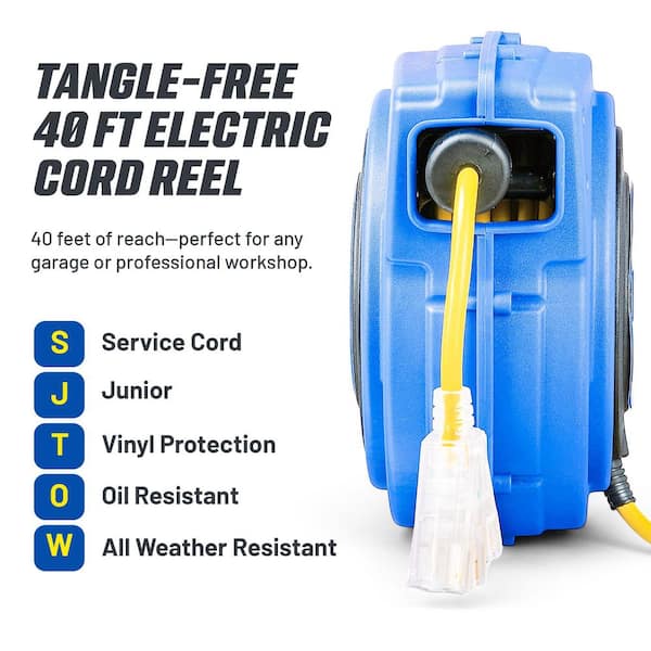 40 ft. 14/3 13 Amp Retractable Extension Cord Reel with 3-Grounded Outlets and Tri-Tap End