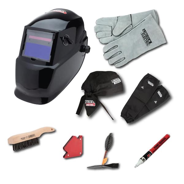 Lincoln Electric Black Glossy Welding Helmet Kit with Auto Darkening 7-13 Helmet, Gloves, Brush, Magnet, Doo Rag, Sleeves and Marker
