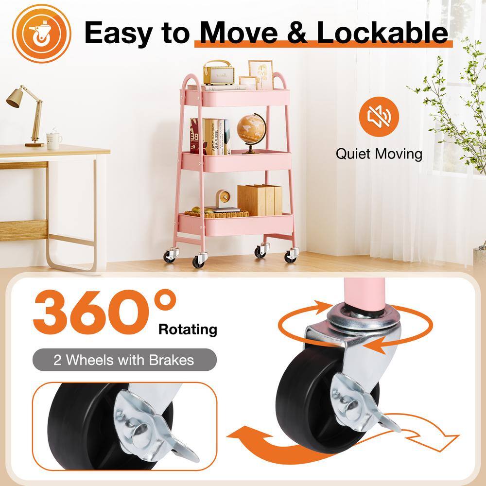 Pink 3-Tier Metal Rolling Kitchen Storage Cart with Wheels