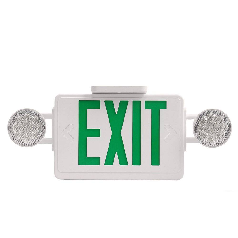 2 Light Integrated LED Green Exit Sign Emergency Light with Green Letters White Plastic Commercial Safety Lighting price history on PriceWatchPro