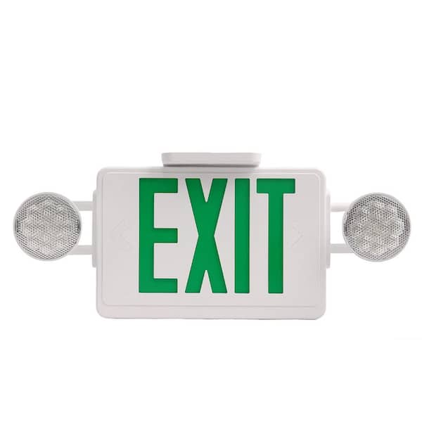 2 Light Integrated LED Green Exit Sign Emergency Light with Green Letters White Plastic Commercial Safety Lighting