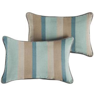 Sorra Home Sunbrella Blue Taupe Stripe with Silver Grey Rectangular Outdoor Corded Lumbar Pillows (2-Pack)