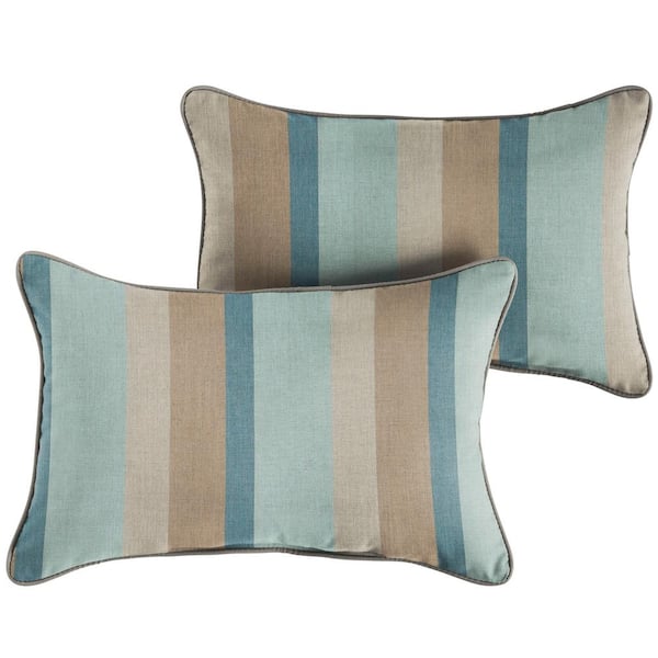 SORRA HOME Sunbrella Blue Taupe Stripe with Silver Grey Rectangular Outdoor Corded Lumbar Pillows (2-Pack)