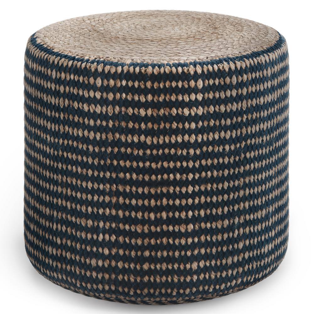 Simpli Home Larissa Boho Round Braided Pouf in Natural and Teal Jute