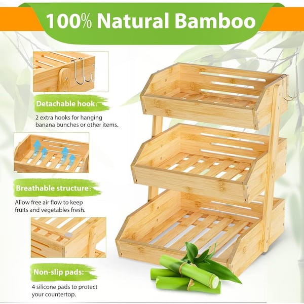 2 Tier Large Capacity Fruit Tray Storage with Banana Hanger Bamboo & outlet Iron