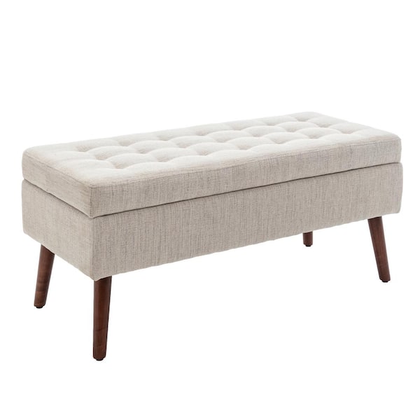 Noble House Gillan Off White Linen Tufted Storage Ottoman Bench, Solid Wood Legs