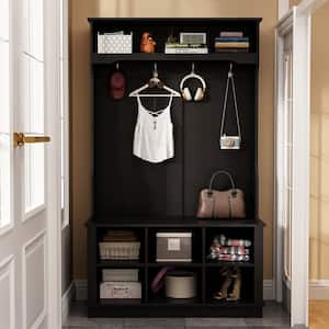 Black Painted Hall Tree with Shoe Bench, Hanging Hooks, and Storage Cubbies, Entryway