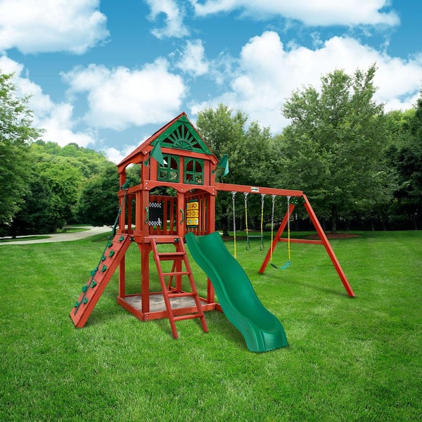 Gorilla Playsets Five Star II Wooden Outdoor Playset with Rock Wall, Wave Slide, Sandbox, Swings, and Backyard Swing Set Accessories