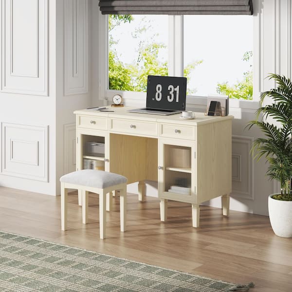 White Oak 46.5 in. W Makeup Vanity with 2 Drawers, 2-in-1 Dressers with Flip-Top Mirror