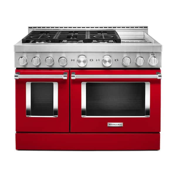 KitchenAid 48 in. 6.3 cu. ft. Smart Double Oven Commercial-Style Gas Range with Griddle and True Convection in Passion Red