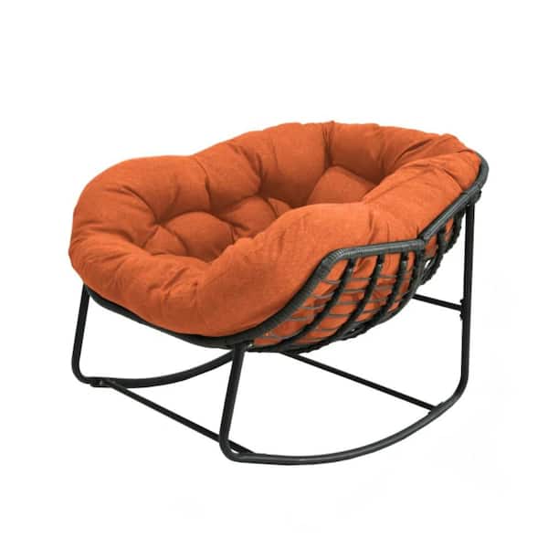 AUTMOON Oversized Wicker Outdoor Rocking Chair with Orange Cushion