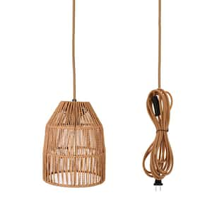 3 in. 1-Light Boho Brown Pendant Light Plug-in Rustic Hand-Woven Hemp Rope Cage Hanging Lamp with On/Off Switch (2-pack)