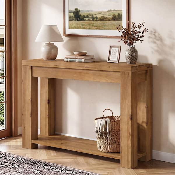 43 in. Brown Rectangle Solid Wood Console Table, Sofa Table with 2-Tier Storage for Entryway, Living Room