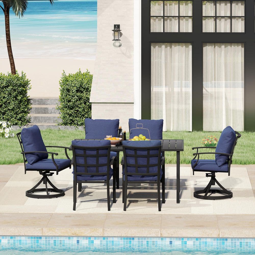 Verdant Cove 7-Piece Black Metal Outdoor Dining Set with Rectangular Table, 2 Swivel Dining Chairs and Blue Cushions price history on PriceWatchPro