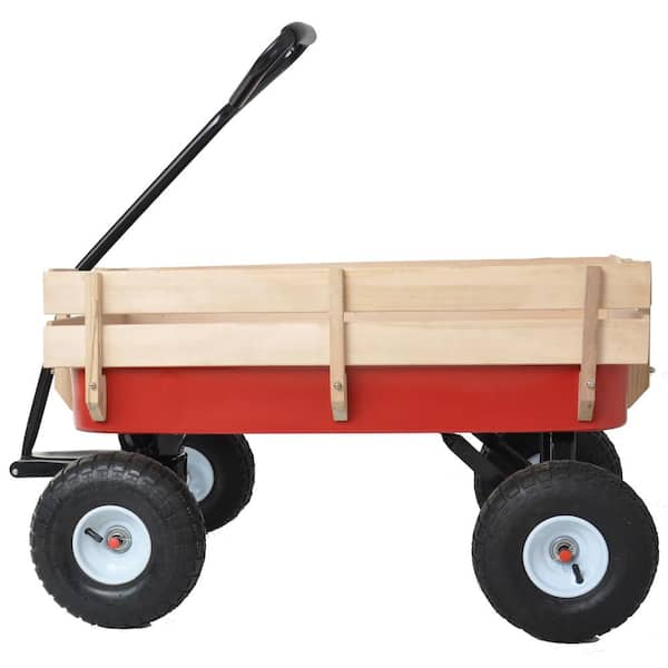 Boosicavelly 3.31 cu. ft. Wood Steel Red Outdoor Wagon All Terrain Pulling Wood Railing Air Tires Kid Garden Cart