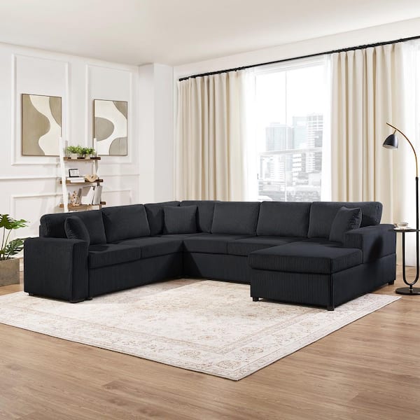 115.3 in. Square Arms Corduroy Fabric U-Shaped Sofa in Black