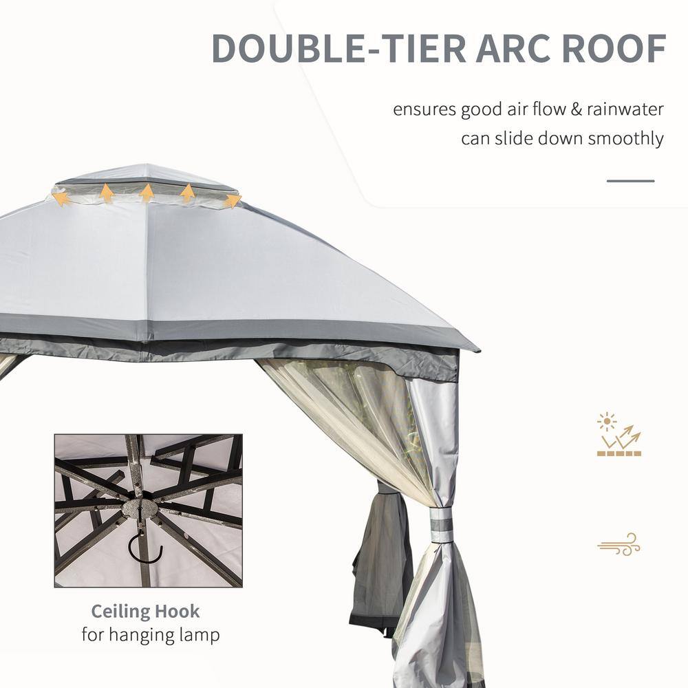 12 ft x 10 ft Gray Metal Octagon Outdoor Gazebo with Mesh Sidewalls