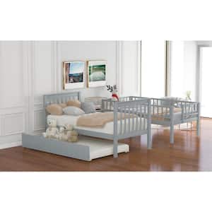 Gray Trundle Twin Over Twin Bunk Bed Solid Wood Bunk Beds with Safety Rails and Storage Shelf