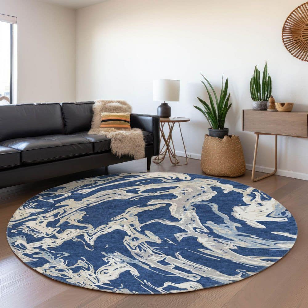 Mayfield Premium Machine Washable Abstract AMF1035 Navy 8 ft. x 8 ft. Round Rug price history on PriceWatchPro