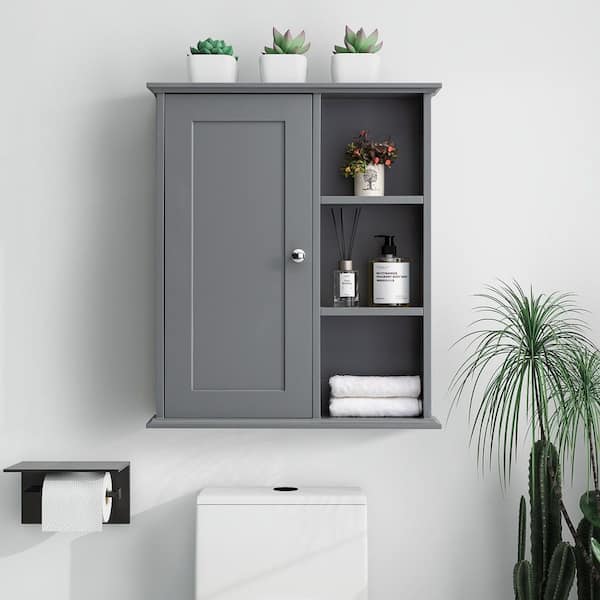 23.6 in. W x 27.6 in. H Rectangular Gray Wood Surface Mount Medicine Cabinet without Mirror, Wall Cabinet with Shelf